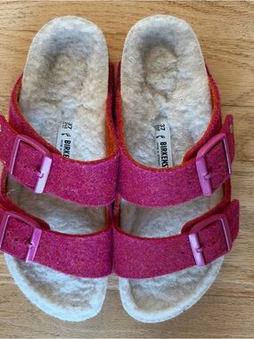 Birkenstock Pink Arizona Wool Felt Shearling Slides